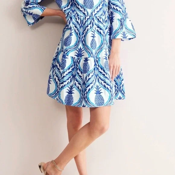 Boden dress NWT 4 Sophia Linen Short Dress Blue Pineapple Print online $235 - Picture 3 of 10